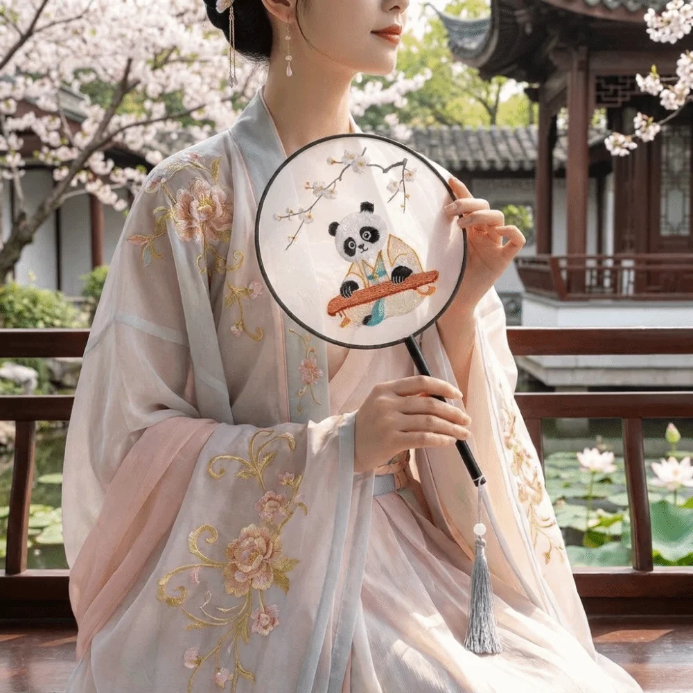Wooden Handle Double Sided Embroidery Fan Handheld with Tassel Embroidered Silk Fan Flower Pattern Dance Fan Home Decoration