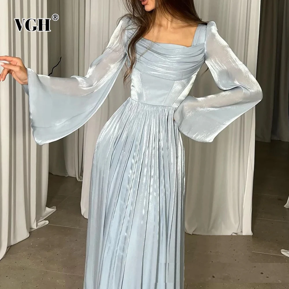 

VGH Elegant Slimming Solid Dresses For Women Square Collar Long Sleeve High Waist Vintage Temperament Dress Female Fashion New