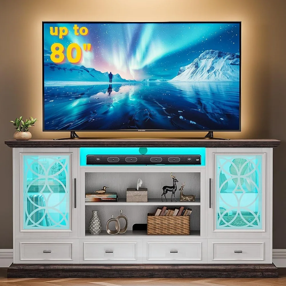 TV Stand for 80 Inch TVs, Entertainment Center with LED Lights, Media Console with Storage Drawers & Cabinets, TV Stand