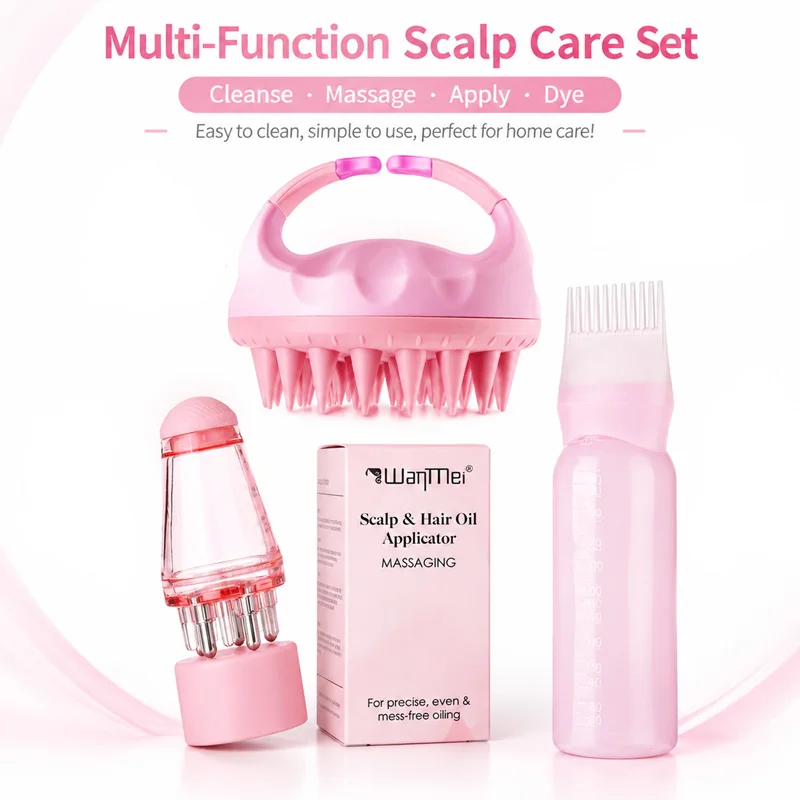 3Pcs Multi‑Function Scalp Care Set Brush Scalp Massager Hair Oil Applicator Bottle Root Comb Applicator Bottle for Hair Dye Home Hair Styling Tools