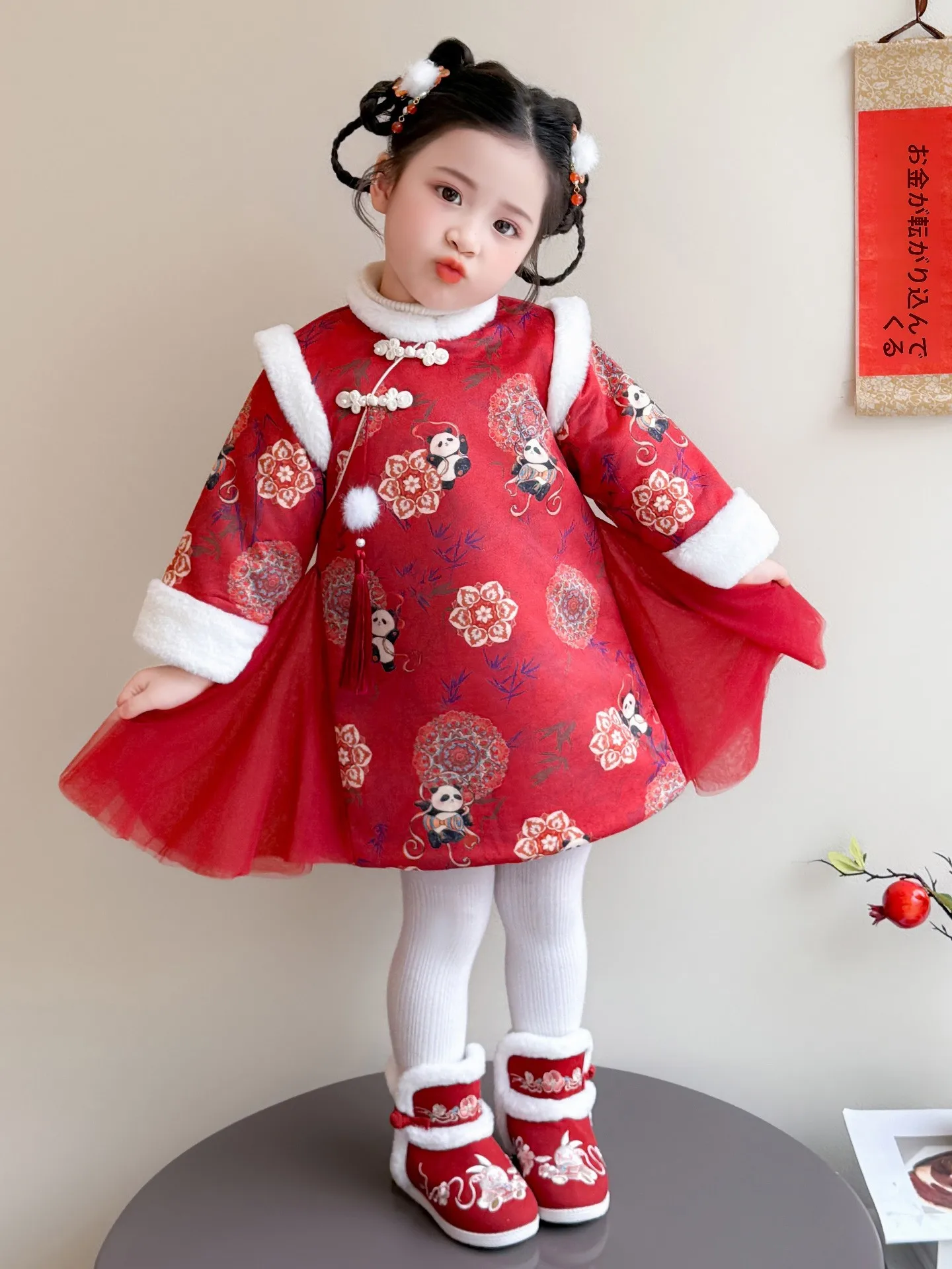 新しい中国風のフリース裏地付きチャイナドレス女の子用冬暖かい長袖ミッドレングスガウン伝統的なお祭りの服装