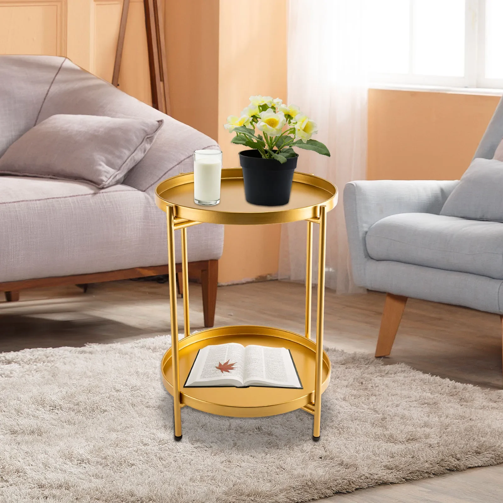 

2 Tier Gold Side Tables Coffee Table for Living Room Furniture Chic End Table with Anti-slip Feet Delicate Home Decor Accessorie