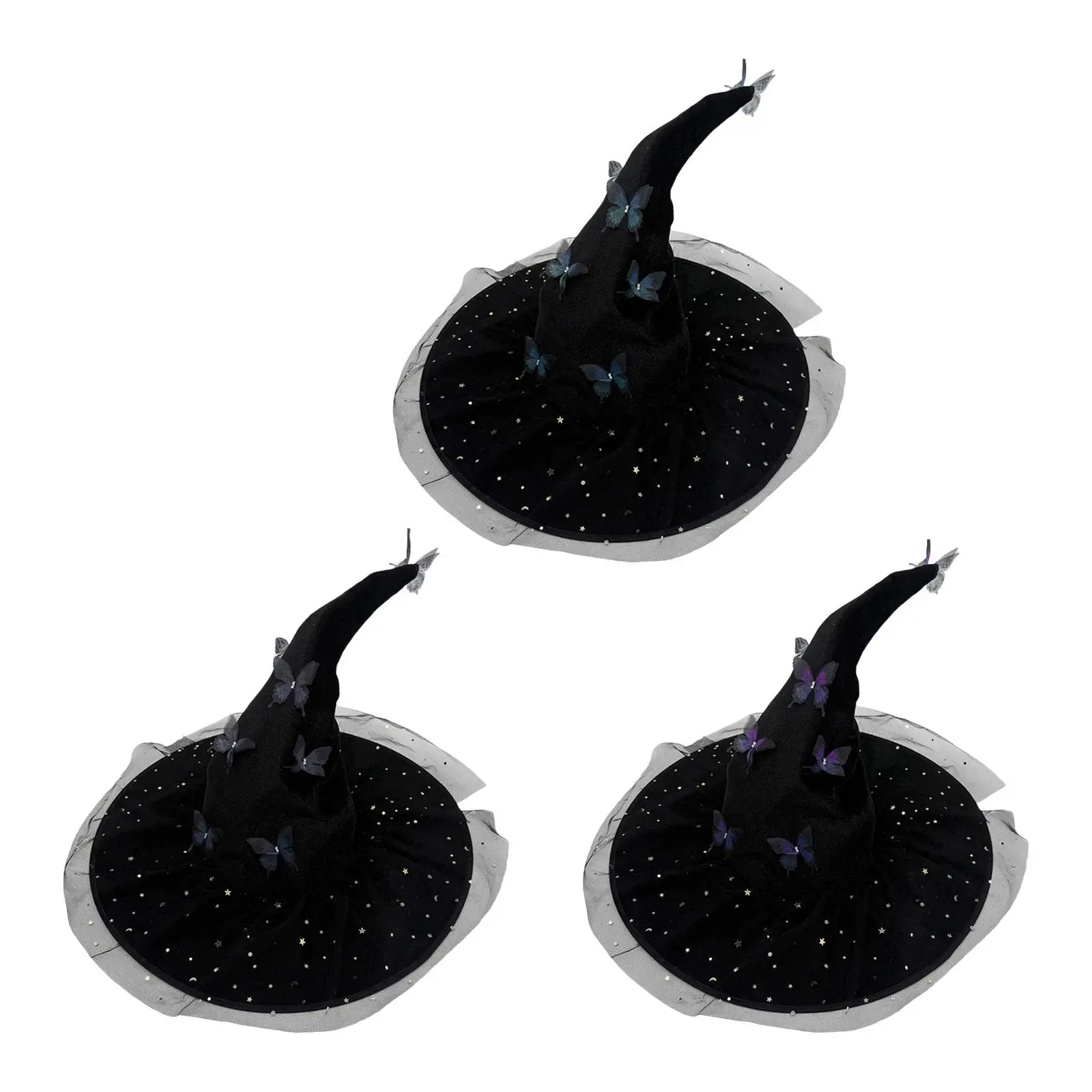 Sombrero de bruja de Halloween con mariposas y malla de estrella para fiesta de cosplay