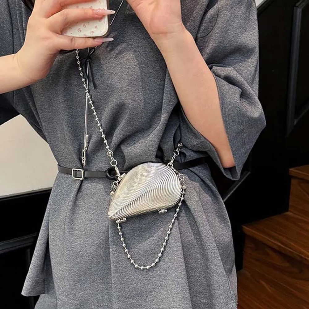 

Shoulder Bag Elegant Banquet Chain Bag Silver Luxury Metal Shell Handbag 3D Waterproof Ladies Crossbody Bag Lipstic Pouch