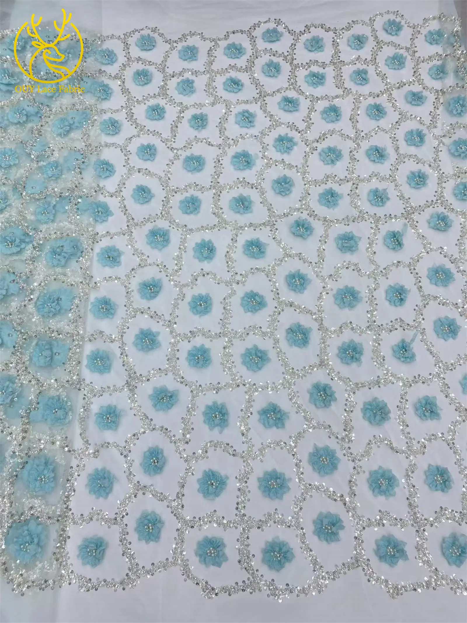 Elegantes Abendkleid 3D-Blumen-Spitzenstoff Afrikanischer Pailletten-Perlen-Spitzenstoff Hochwertiger Nigerianischer Französischer Tüll-Spitzenstoff – Detail 8
