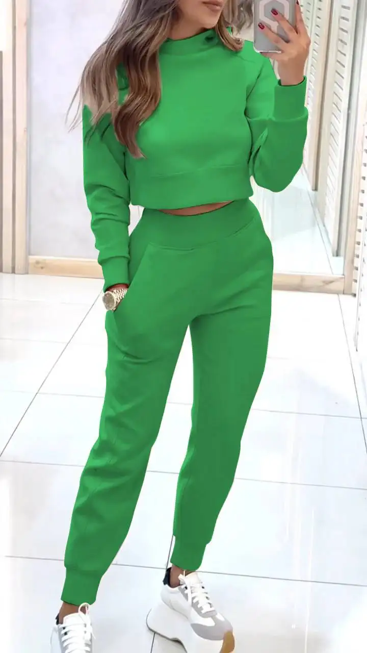 

Autumn Sporty Suit Simple Style 2 Piece Sets Women Outfits Long Sleeve Half High Collar Short Sweatshirt Pencil Pant Tracksuit