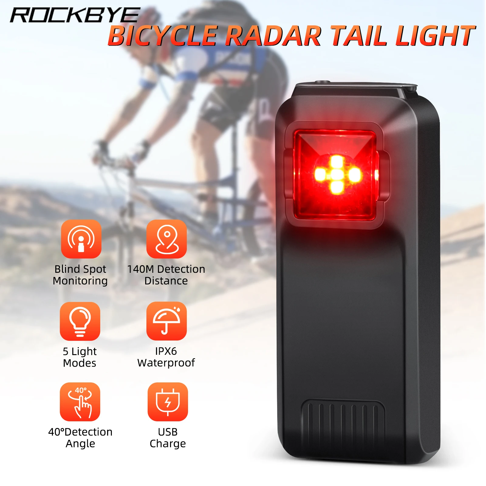 Rockbye Bicycle Radar Tail Light Bike Rearview Sensor Secure Warning Cycling Rear Brake Sensing Lamp Vehicle Approaching Warning