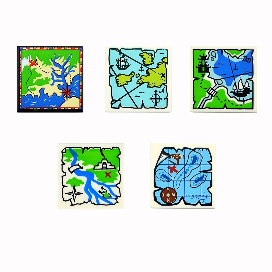 10 Stück Schatz-Piratenkarte 5 Stile 3068 2x2 Glatte Bausteine MOC Bedruckte Navigations-Nautische Karte Bausteine Spielzeug Zubehör – Detail 3