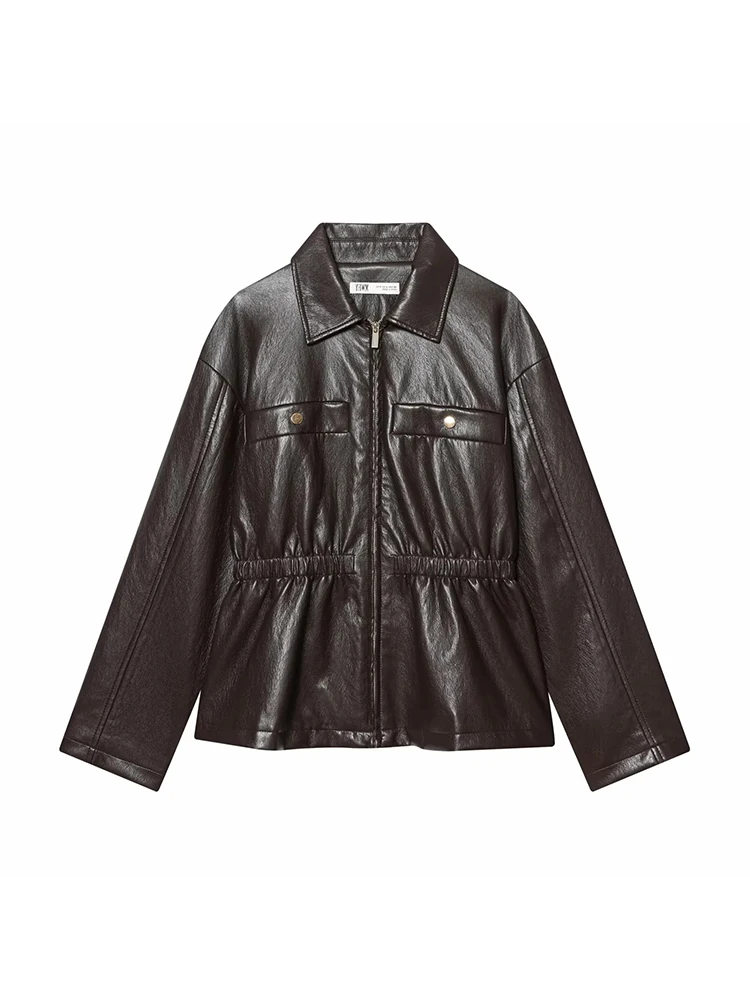 Jaqueta Curta de Couro Sintético Feminina para Primavera e Verão, Moda Urbana com Lapela e Bolsos