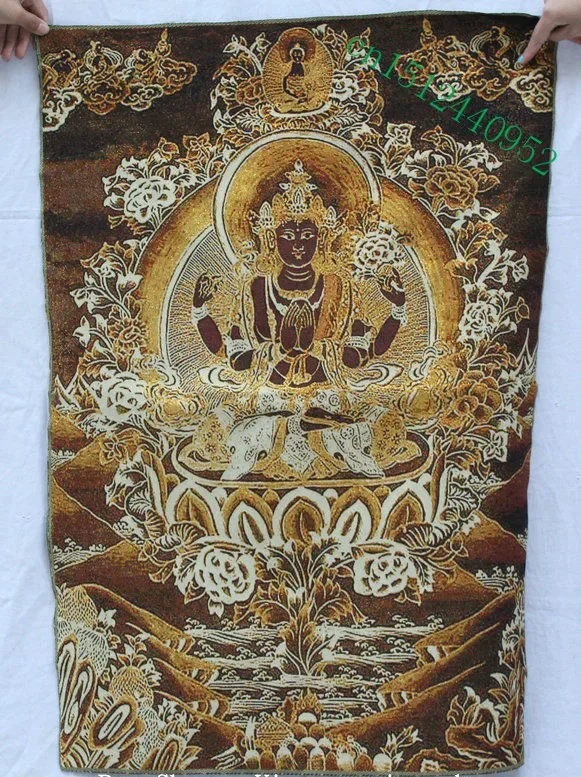 36 inch chinese Tibet Buddhism Silk embroidery 4 arms Chenrezig Buddha Thangka Painting Mural-41651