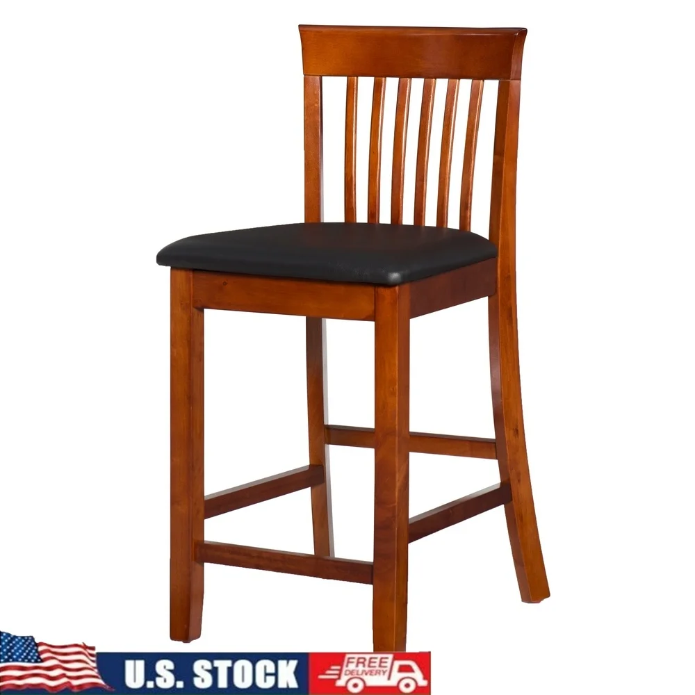 

Classic Mission Back Counter Stool Dark Cherry Padded Vinyl Seat Durable Solid Rubberwood Home Kitchen Bar Furniture