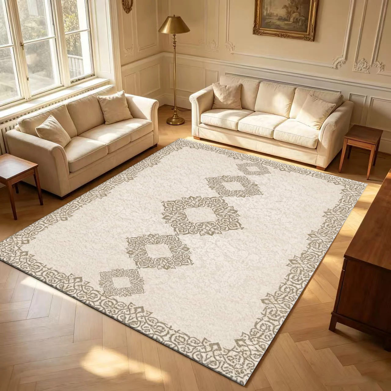 Beige Retro Decorative Border Carpet Floor Classic European Style Non-Slip Carpet Suitable for Living Room Bedroom Home Decoration