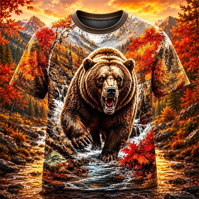 2026 Men's New Fashion Short-Sleeve T-Shirt Fierce Bear Print Loose Comfortable and Breathable Outdoor Street-Style Top