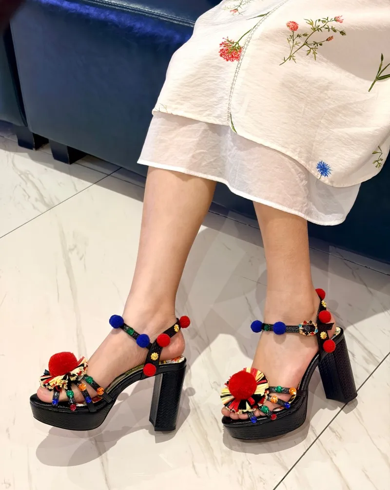 

2026 New Summer Sandals Peep Toe 9.5 cm High Heel Women Shoes Thick Platform Pearl Rivet Sandals Size 35-43