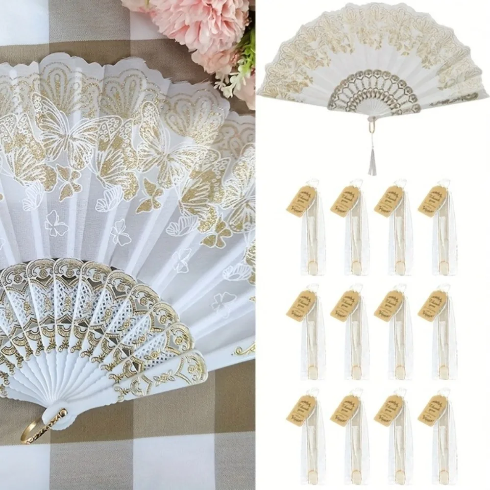 12 juegos de abanicos plegables de agradecimiento con lámina dorada y plateada, tarjetas y bolsas de organza para recuerdos de boda
