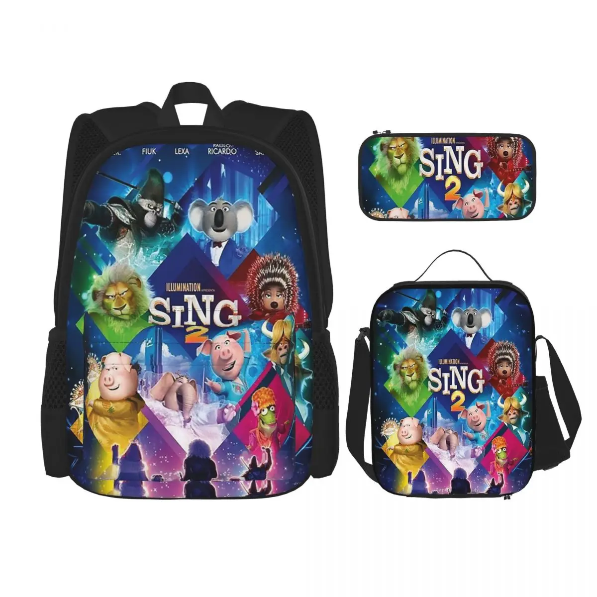 Movie Sing Backpacks Boys Girls Bookbag Children School Bags Kids Rucksack Lunch Bag Pen Bag Three-Piece Set