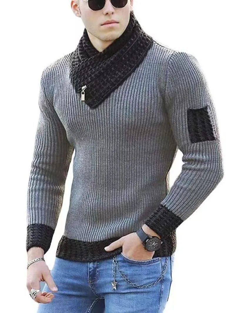 2025 Men's Slim-Fit Pullover Sweater With Long Sleeves Scarf Collar For Warmth And Comfort In Autumn And Winter