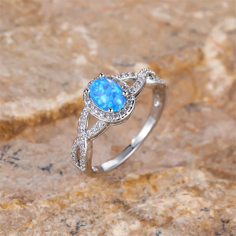 Women's Blue Opal Stone Infinity Engagement Ring with White Zircon