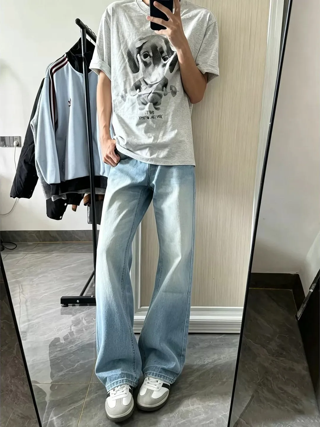 

Light Blue Men's Summer Thin Ice Silk Jeans mid Waist Washed Bell Bottom Straight Leg Cotton Polyester Blend Casual Trousers