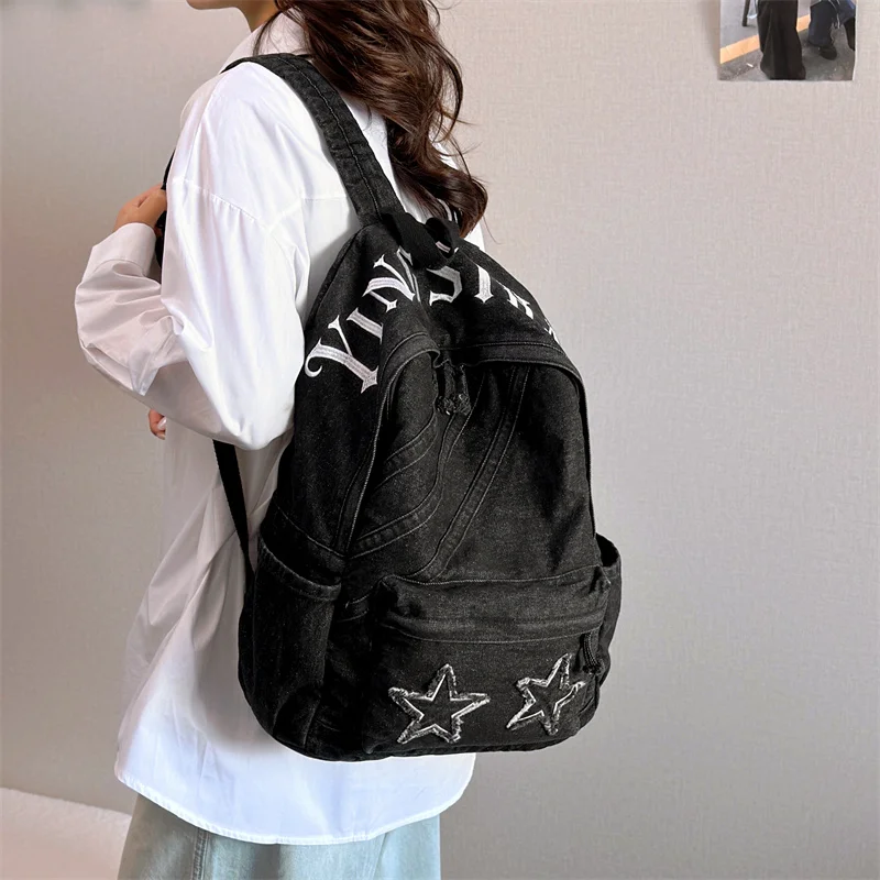 

Vintage Denim Backpack Large Capacity Women's Jeans Shoulder Bag Daily School Laptop Backpack Simple Design for Females