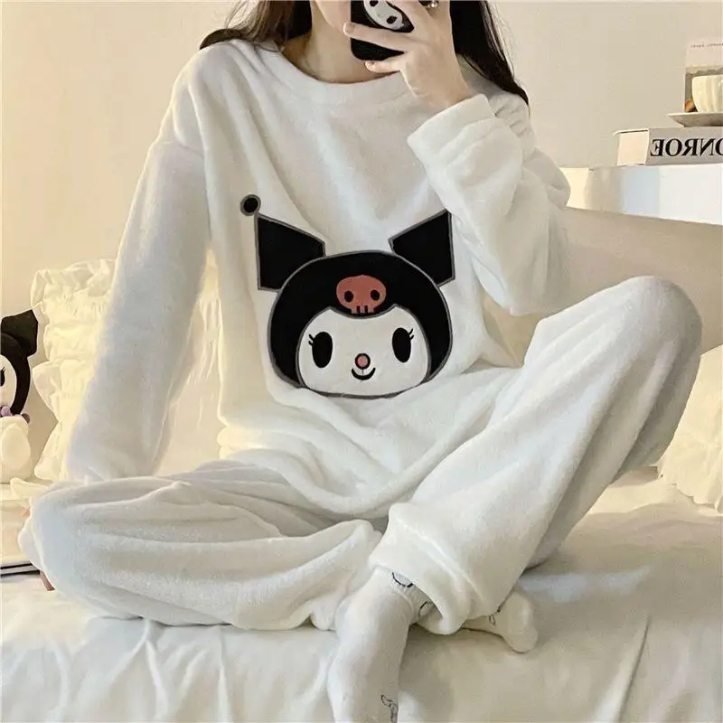 

Hello Kitty Pajamas Set Women Homewear Cute Cartoon Sweet Long Sleeve Thickened Plush Winter Autumn Warm Coral Fleece Nightwear