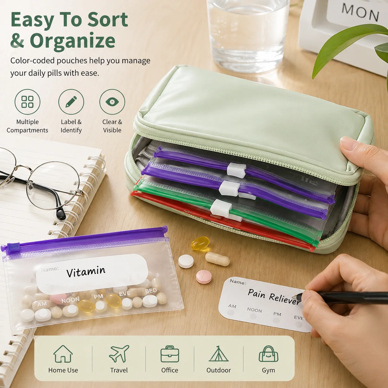 Pill Pouch Set | Pastel Green Compact Hard Shell Style | Waterproof Color‑Coded Reusable Pouches With Write‑on Labels