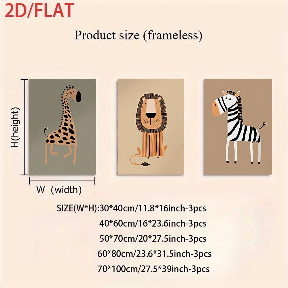 3PCS Large-sized frameless canvas paintings,1 set of animal triptych frameless decorative paintings, giraffe, lion, zebra cartoo