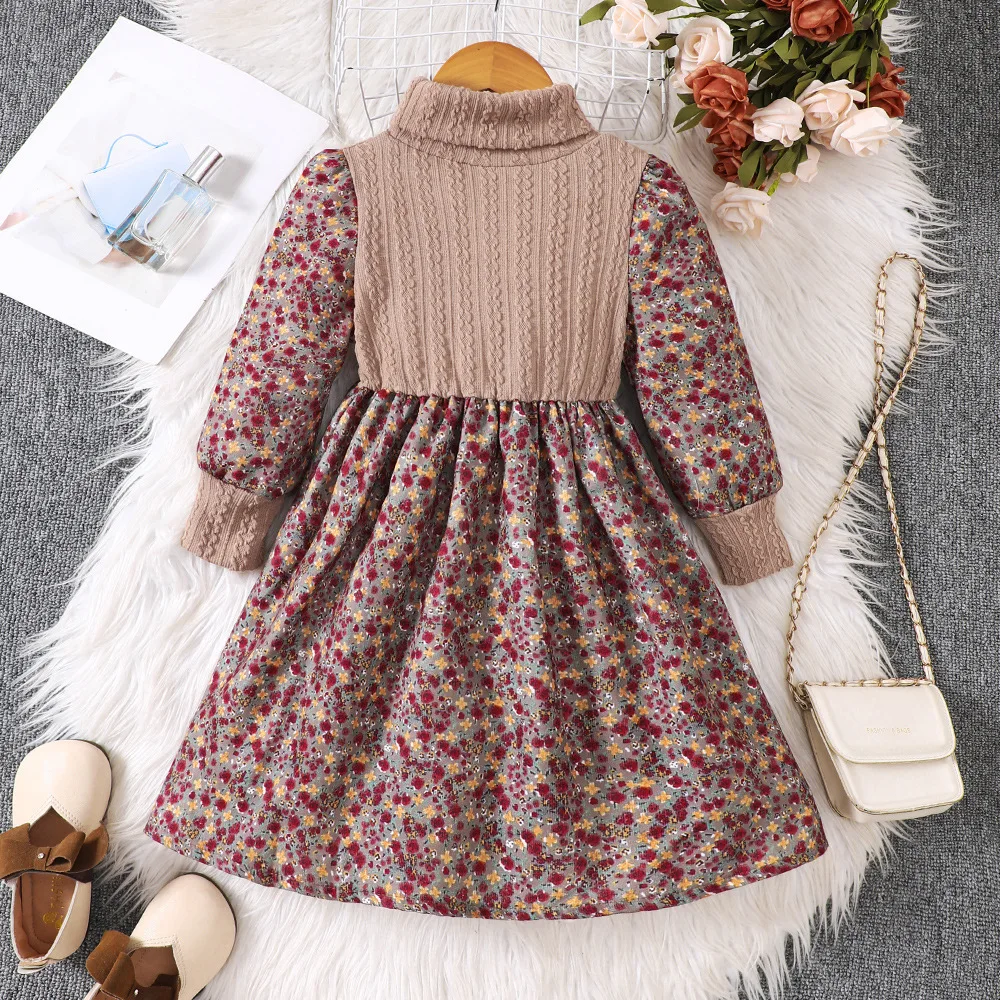 Autumn and Winter Girls' New Knitted Patchwork Floral Lapel Long Sleeved Fashionable Party and Runway Dress for 4 5 6 7 Years