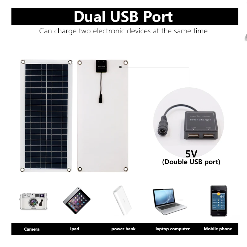 Painel solar com controlador, placa solar para telefone, rv, carro, mp3, pad, camping, carregador, bateria ao ar livre, célula, 1000w, 12v, 10a-100a