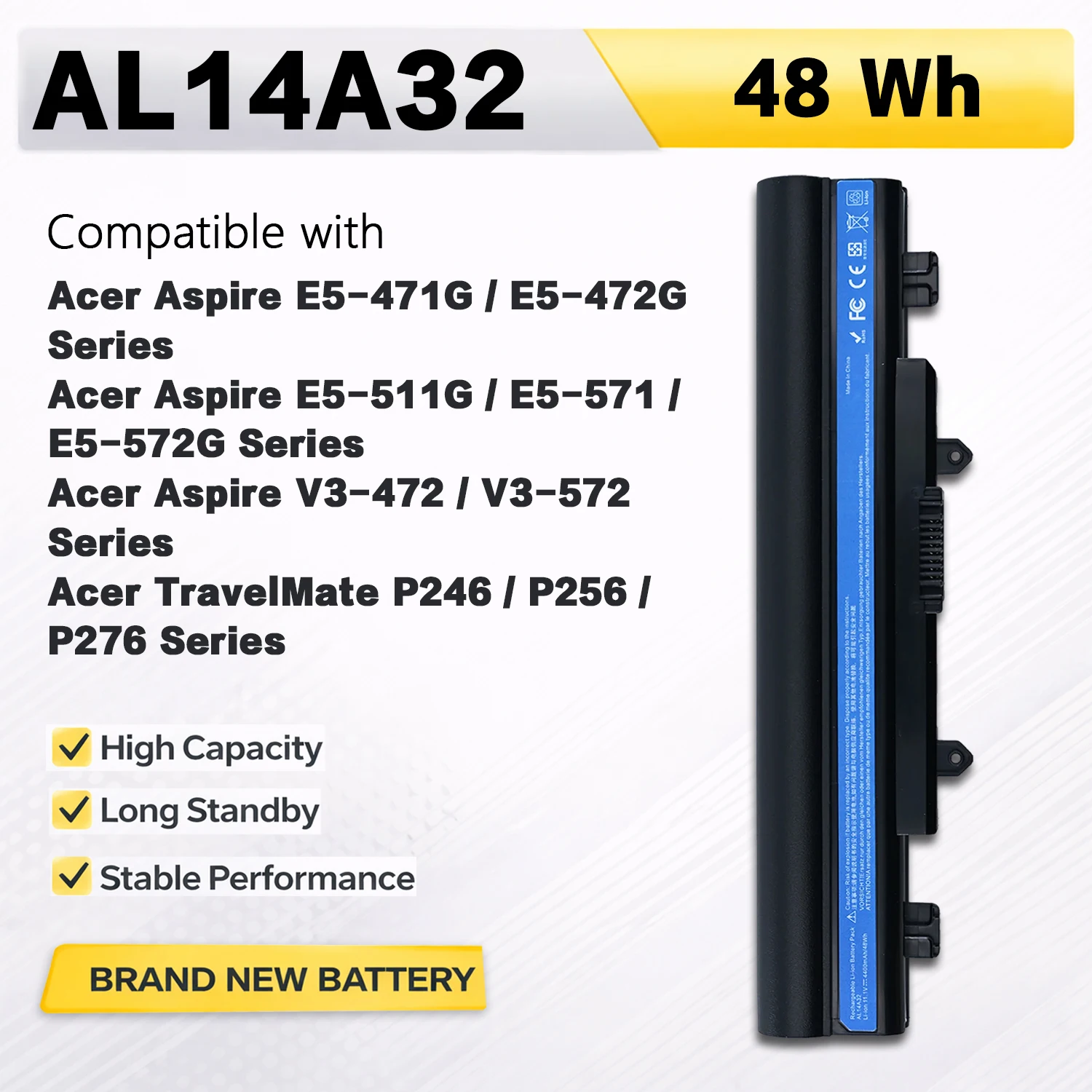 PowerHub AL14A32 11.1V 48Wh 4400mAh Laptop Battery For Acer Aspire E5-471G E5-571 V3-572 E5-572G E5-511G TravelMate P246 E5-472G