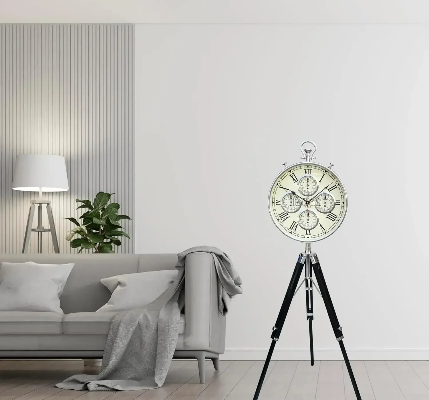 

[Top Quality, Free Shipping!]Vintage World Time Clock Tripod Floor Standing Classic Metal Design Roman Numerals Home Office Deco