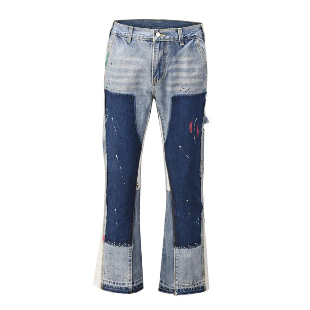 Punk Style Ink Sprayed Flared Jeans Male Streetwear Denim Trousers Open Hem Male's Baggy Pants