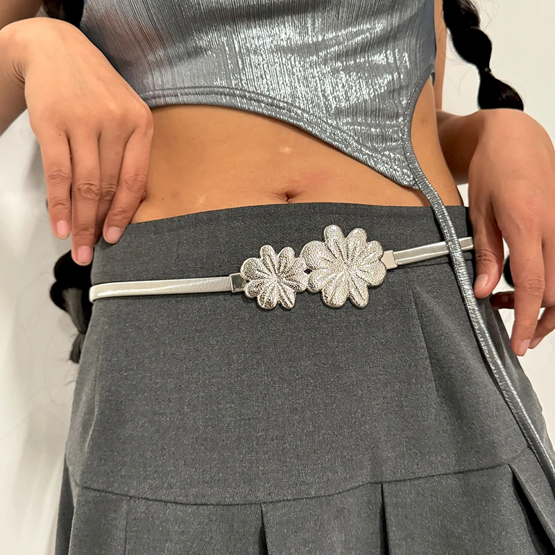 Elastic Gold Chain Belt Female Waist Punk Y2K Silver Metal Flora Belts For Women High Quality Luxury Brands Dress Waistband