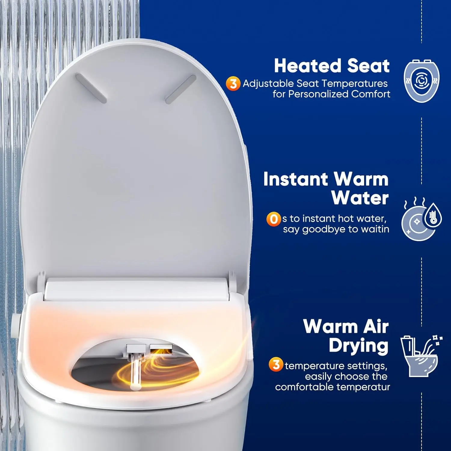 

Bidet Toilet Seat Elongated Smart Heated Toilet Seat with Warm Water & Dryer, Feminine & Child Wash, Self-Clean Nozzle
