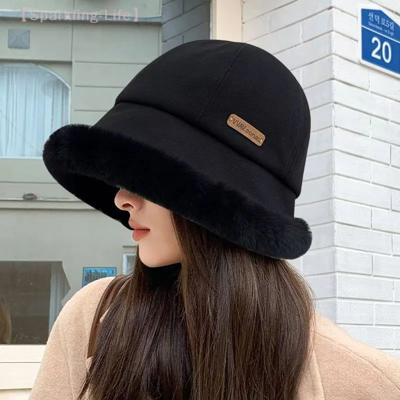 Minimalist Style Winter Women Plush Fisherman Cap Thick Fluffy Fur Panama Cap Fashionable Bucket Hat Windproof Warm Bonnet