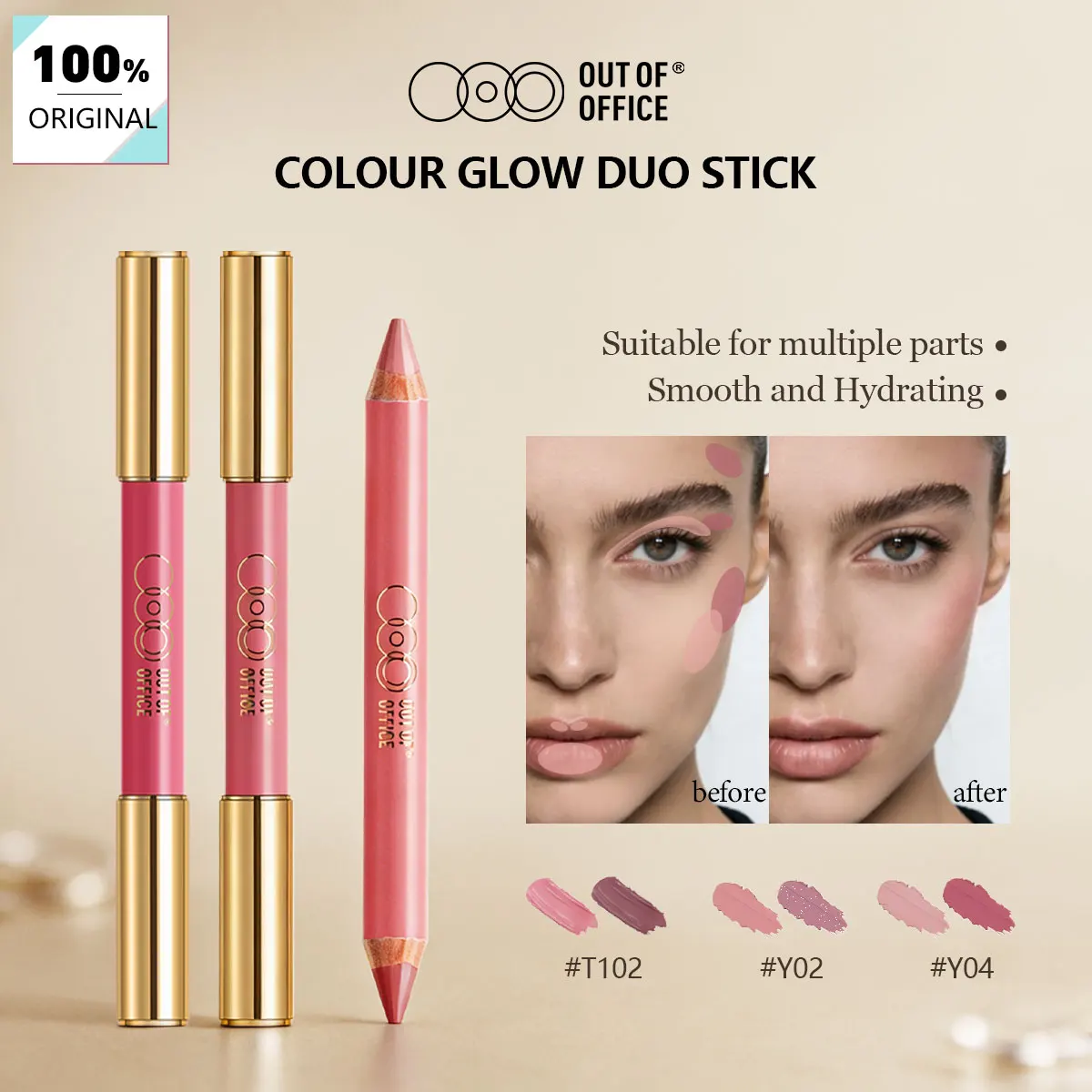 OUT OF OFFICE LUMEGLOW DUO PENCIL,Cheek&Multi-Use,Creamy Blendable,Buildable Color,Twist-Up Design,Luxury Makeup,Smooth Texture