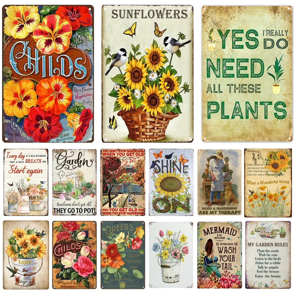 Welcome To Our Garden Metal Tin Signs, Dirty Hoe Wall Art, Sunflower Retro Poster for Home, Yard, Plants Decor, Garden Rule Sign