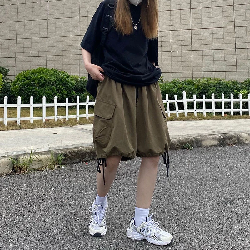 GIDYQ Vintage Women Cargo Shorts American Streetwear Loose Wide Leg Pants Harajuku Casual Female Big Pocket Shorts Summer New