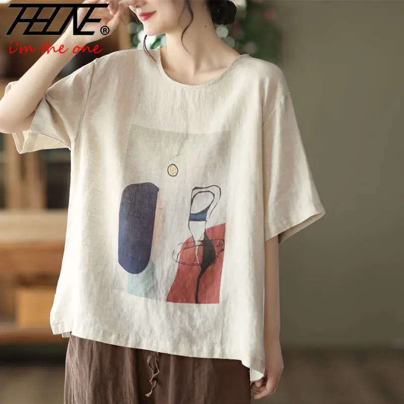 T-Shirts Summer Women\'s Clothing Cotton Linen Casual Fashion Woman Blouse 2023 O-Neck Short Sleeve Loose Vintage Cartoon