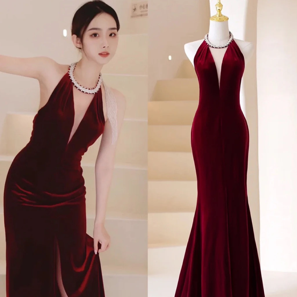 Velvet Elegant Evening Dresses Burgundy Halter Tassel Applique Sexy Backless Mermaid Diamond Split Party Bridal Toast Prom Gowns