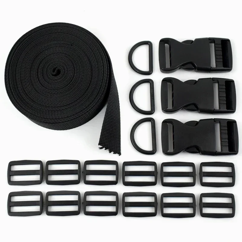 1-5Set 25mm Black Nylon Webbing with Quick Release Buckle Adjust Slider D Ring Plastic Buckles DIY Dog Collar Strap Repair Parts