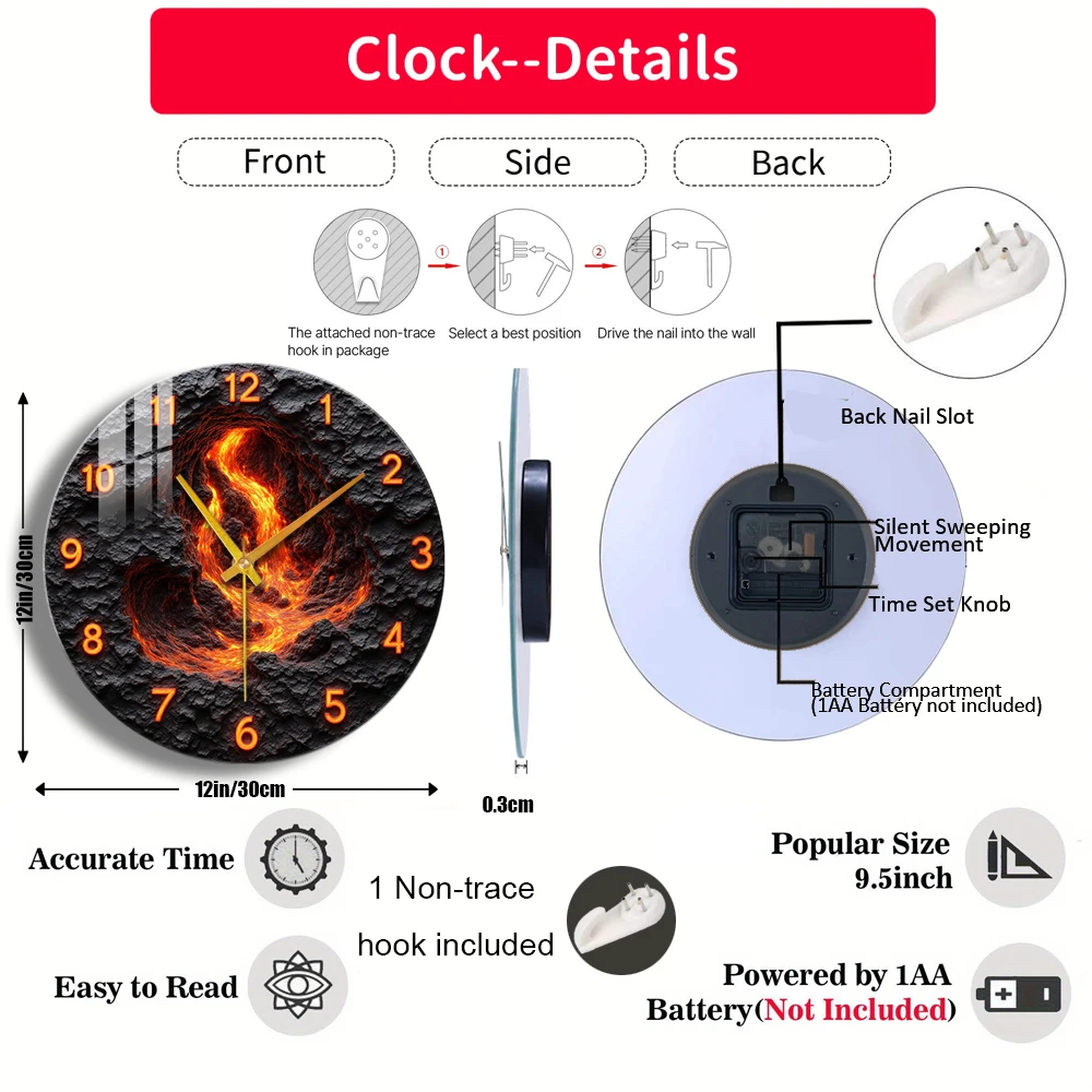 Tempered Glass Wall Clock Lava Flow Volcano Crater Clock Suitable For House Home Room Wall Decor or Tabletop Display Anywhere