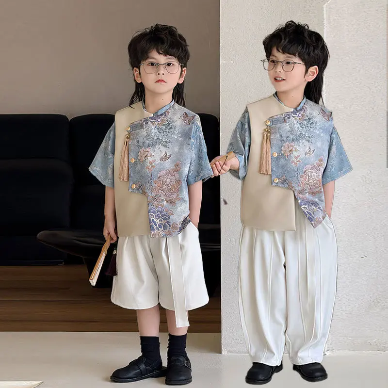 Boys Chinese Traditional Floral Embroidery Tang Suit Set Top & Shorts for Kids Spring Festival Birthday Party Performance Outfit