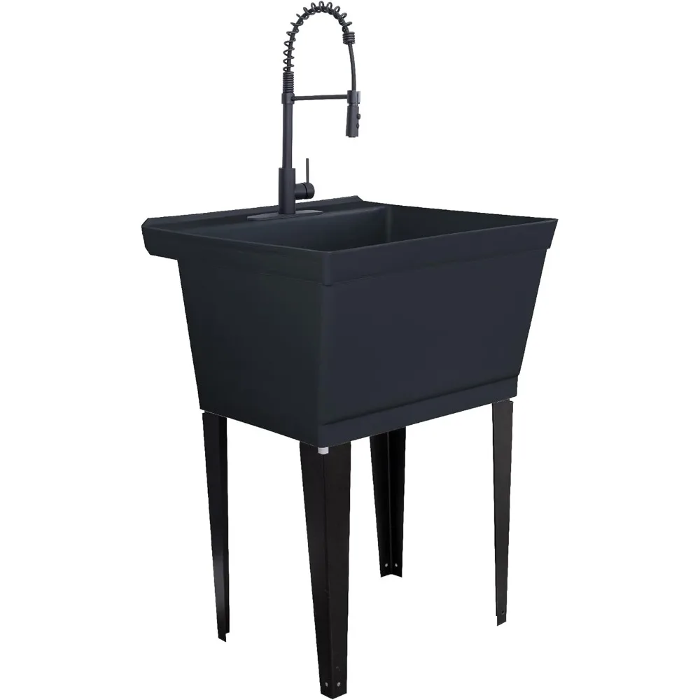 Laundry Tub in Black with High-Arc Coil Pull-Down Sprayer Faucet in Matte Black,Integrated Supply Line Heavy Duty Floor Mounted