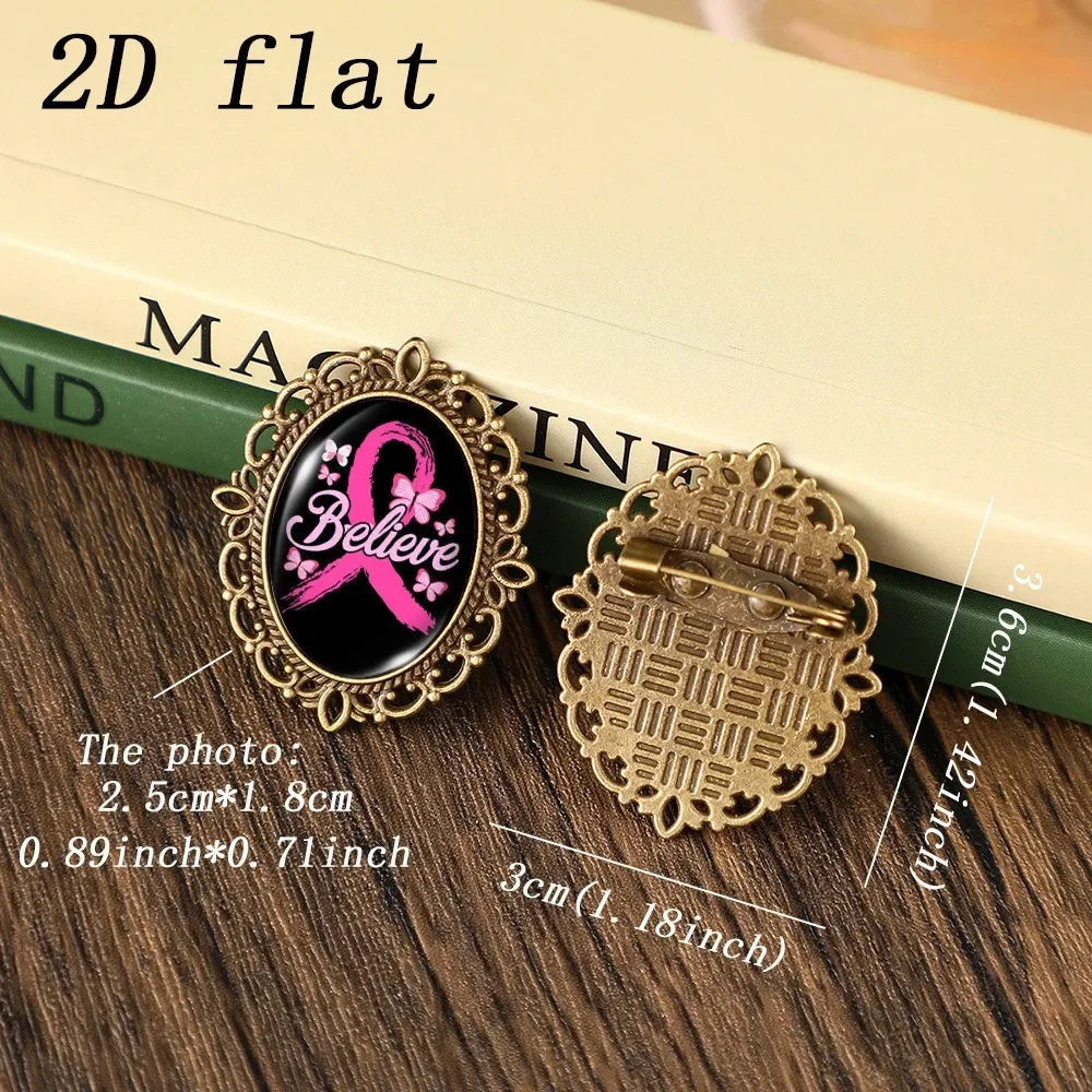 6-20 Pcs Pink Ribbon Believe Lapel Pin for Bag, Vintage Oval Glass Brooch, 2D Flat Zinc Alloy, Awareness Gift Souvenir for Her