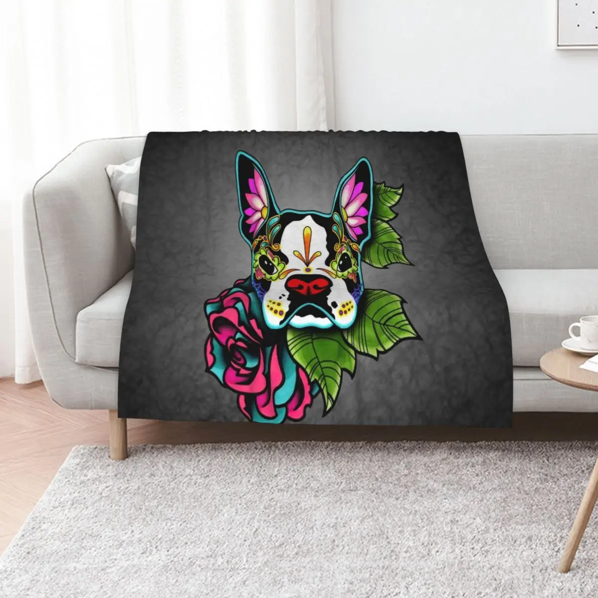 Boston Terrier in Black - Day of the Dead Sugar Skull Dog Throw Blanket Spring Fall Cozy Throw Blanket for Couch