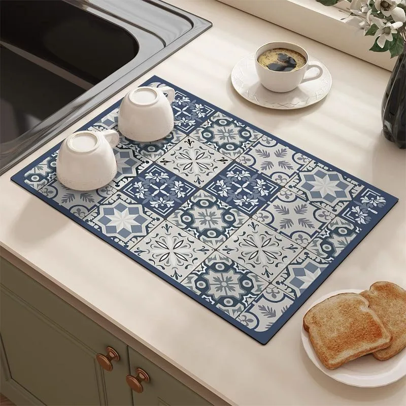 Retro Tile Pattern Absorbent Draining Mat Antiskid Quick Dry Kitchen Coffee Dish Drying Pad Farmhouse Cottage Style view 3
