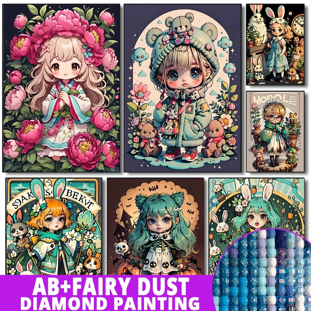 Fairy Dust AB Cartoon Little Girl And Bunny Bear 5D Diamond Painting Kits Cute Kawaii DIY Drills Mosaic Embroidery Cross-stitch