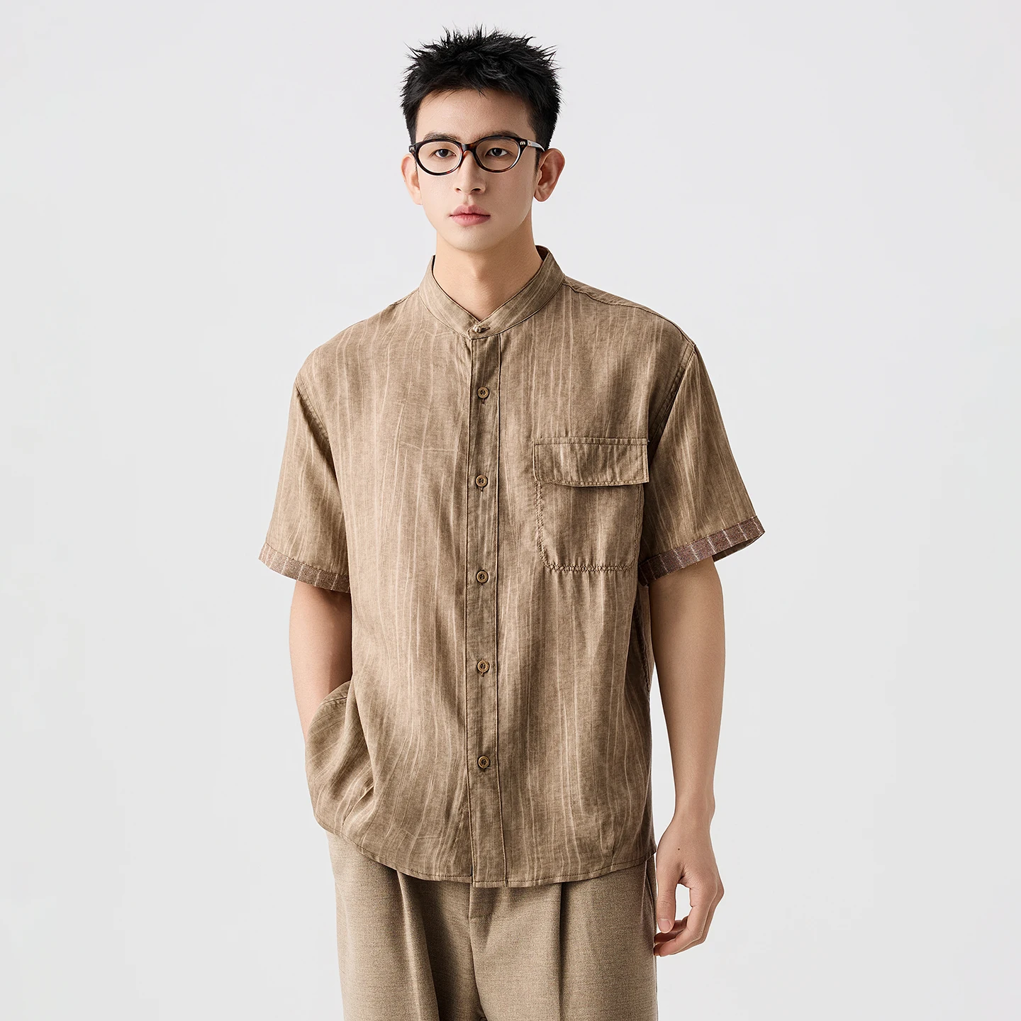 

Men Summer Stand Collar Short Sleeve Vintage Fashion Casual Loose Shirts Male Japanese Streetwear Cityboy Shirts Blouses