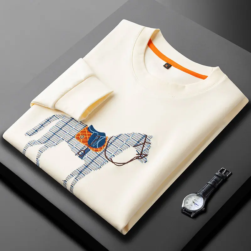 2026 Luxury Heavy-duty Warhorse Embroidered Round Neck Sweatshirt Men Winter Comfortable VersatileCasual Long Sleeved T-shirt